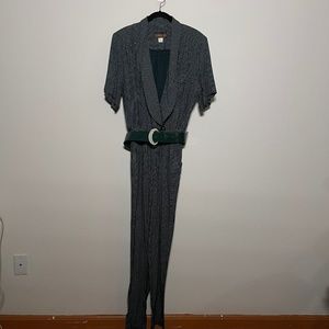 Vintage 90s Virgo II Green White Patterned Pantsuit Jumper With Belt Women's 10